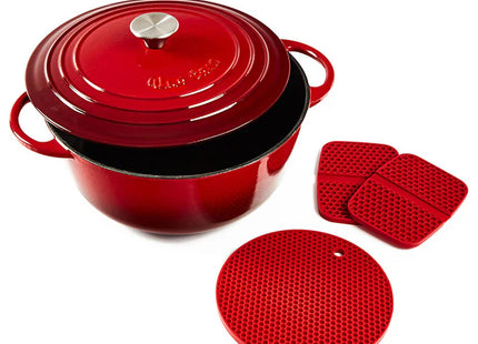 Uno Casa 6 Quart Enameled Cast Iron Dutch Oven with Lid & Silicone Handles, Red