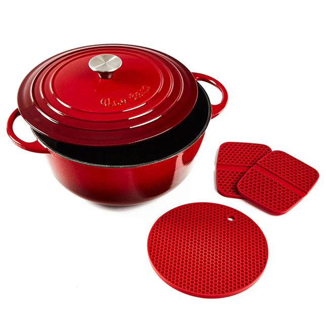 Uno Casa 6 Quart Enameled Cast Iron Dutch Oven with Lid & Silicone Handles, Red