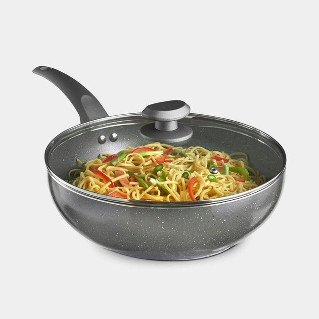 VonShef 28cm Marble Wok – Non-Stick Aluminium Stir Fry Wok with Glass Lid