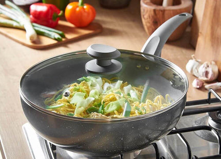 VonShef 28cm Marble Wok – Non-Stick Aluminium Stir Fry Wok with Glass Lid
