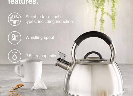 VonShef 2.5L Stainless Steel Whistling Stove Top Kettle – Silver
