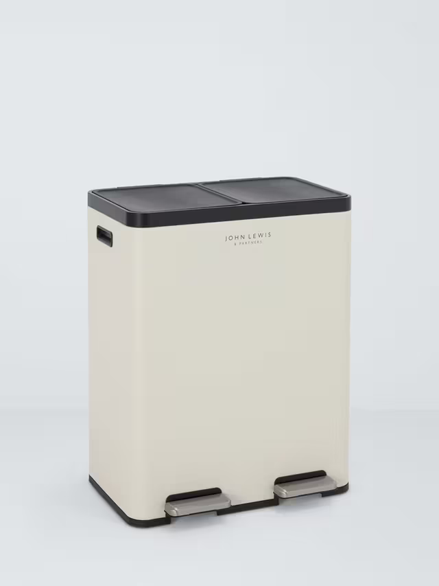 John Lewis 2 Section Recycling Bin with Handles – 60L, Stone - No Pedals
