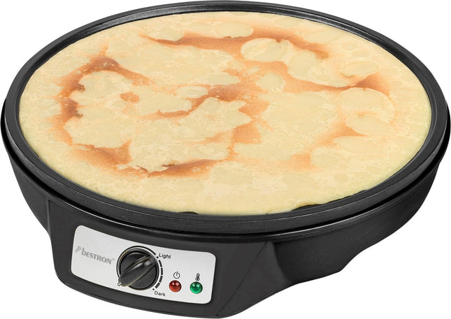 Bestron Crepe Maker – 30cm Non-Stick Pancake & Omelette Plate with Spatula & Batter Spreader, 1000W, Indicator Light – Black
