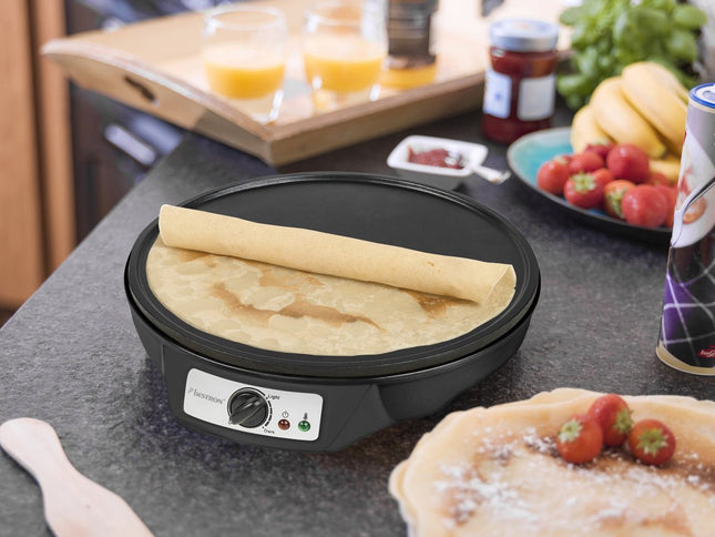 Bestron Crepe Maker – 30cm Non-Stick Pancake & Omelette Plate with Spatula & Batter Spreader, 1000W, Indicator Light – Black