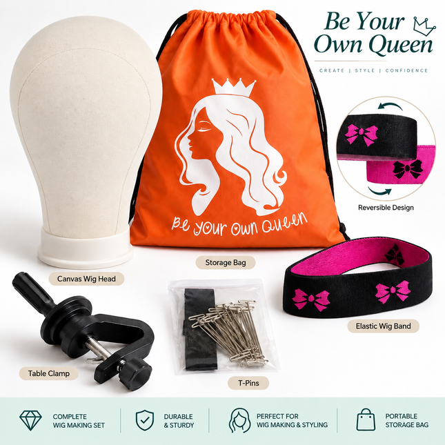 22 Inch Canvas Wig Head with Clamp Stand & Styling Accessories