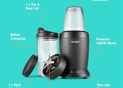 VonShef UltraBlend Smoothie Maker – 1000W Blender with 800ml & 500ml Cups