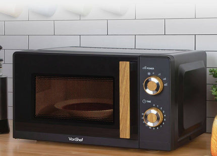 VonShef Fika Microwave – 20L Compact Microwave, 700W, Black & Wood Effect
