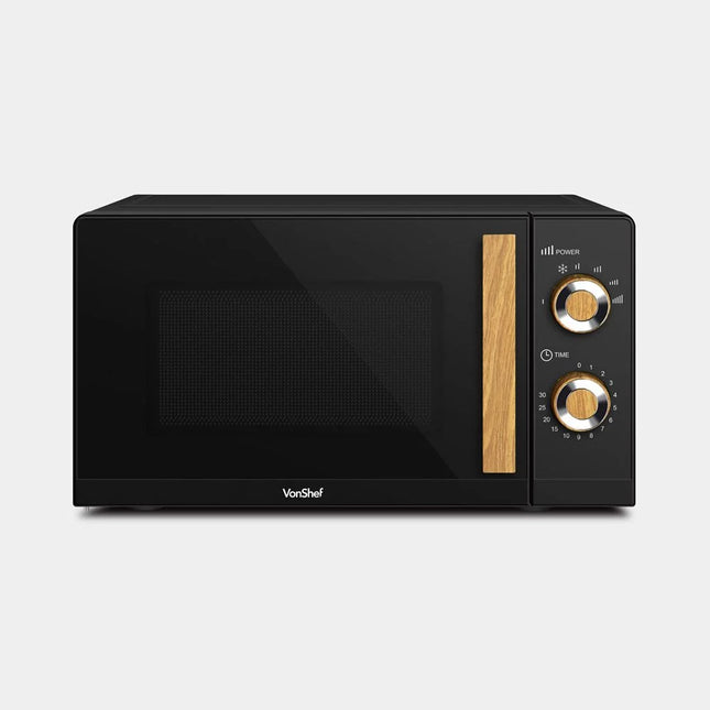 VonShef Fika Microwave – 20L Compact Microwave, 700W, Black & Wood Effect