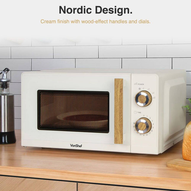 VonShef Fika Microwave – 20L Compact Microwave, 700W, Cream & Wood Effect