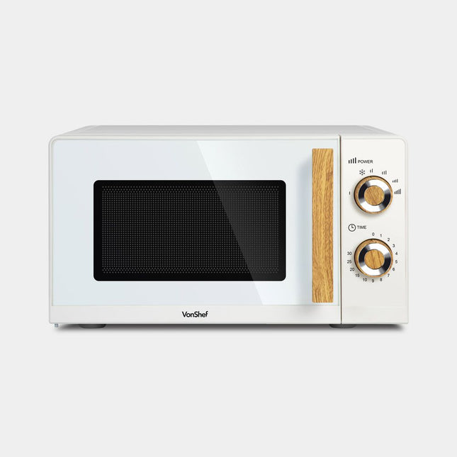 VonShef Fika Microwave – 20L Compact Microwave, 700W, Cream & Wood Effect