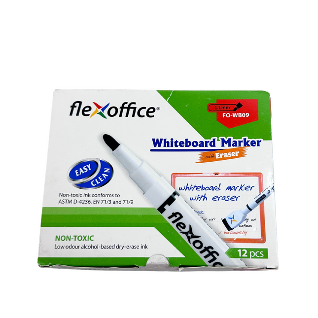 Flexoffice FO-WB09 Whiteboard Markers with Eraser Pad – Green Ink (Pack of 12)