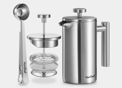 VonShef 3 Cup Cafetiere Stainless Steel – 350ml with Measuring Spoon