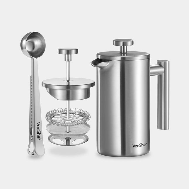 VonShef 3 Cup Cafetiere Stainless Steel – 350ml with Measuring Spoon