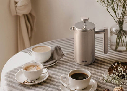 VonShef 3 Cup Cafetiere Stainless Steel – 350ml with Measuring Spoon
