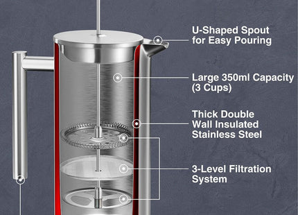 VonShef 3 Cup Cafetiere Stainless Steel – 350ml with Measuring Spoon