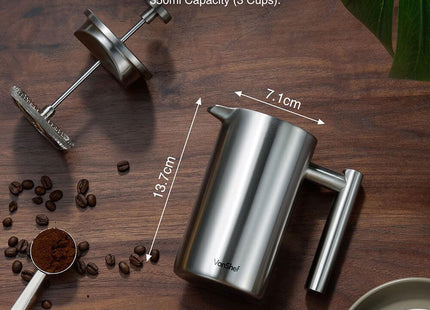VonShef 3 Cup Cafetiere Stainless Steel – 350ml with Measuring Spoon