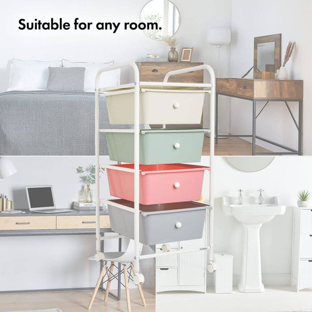 VonHaus 4-Drawer Pastel Storage Trolley with Chrome Frame & 360° Wheels
