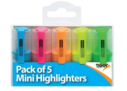 Tiger Mini Highlighters – Assorted Colours, Pack of 5 (4mm Chisel Tip)