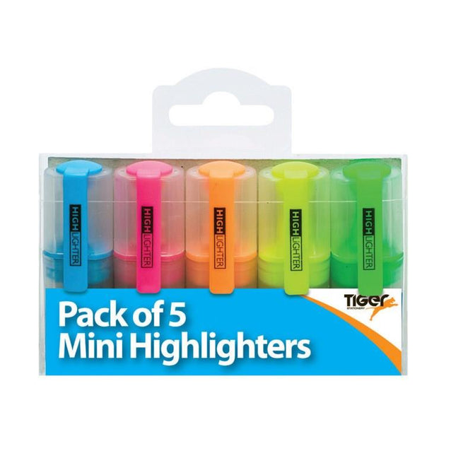 Tiger Mini Highlighters – Assorted Colours, Pack of 5 (4mm Chisel Tip)