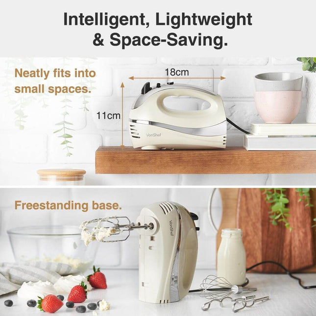 VonShef 300W Electric Hand Mixer, with Turbo Boost, Eject Button – Cream