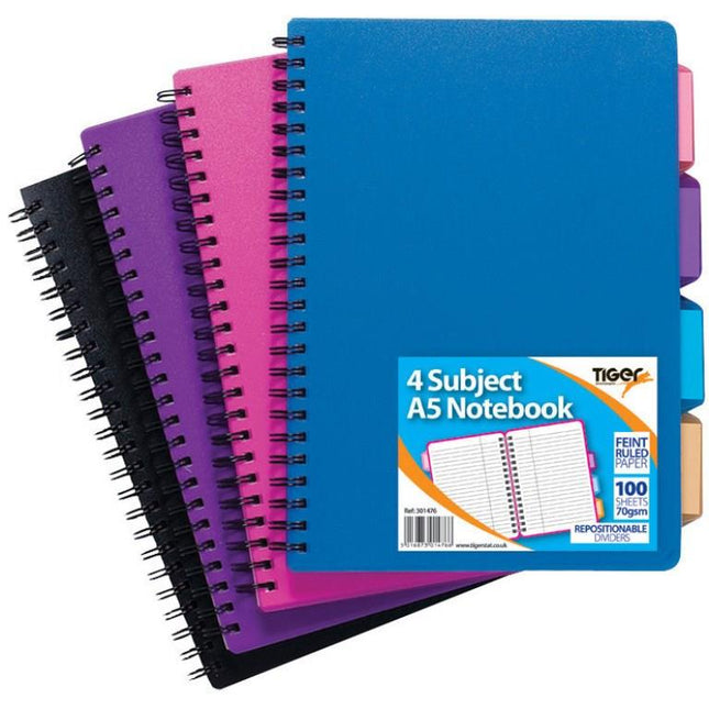 Tiger A5 4 Subject Notebook - 100 Sheet, Blue