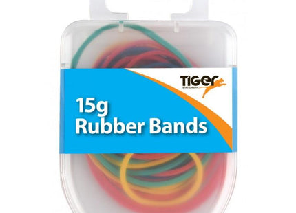 Tiger Essential Coloured Rubber Bands – 15g Pack (Hanging Pack in Display Box)