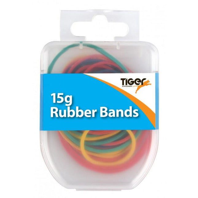 Tiger Essential Coloured Rubber Bands – 15g Pack (Hanging Pack in Display Box)