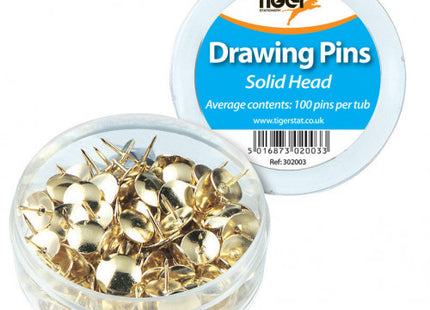 Tiger Brass Drawing Pins – Pack of 100 in Storage Pot