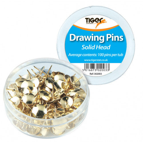 Tiger Brass Drawing Pins – Pack of 100 in Storage Pot