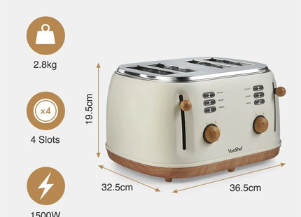VonShef Fika 4-Slice Toaster – Cream & Wood Effect, Wide Slots, 1500W