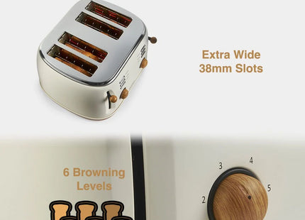 VonShef Fika 4-Slice Toaster – Cream & Wood Effect, Wide Slots, 1500W