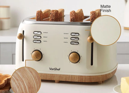 VonShef Fika 4-Slice Toaster – Cream & Wood Effect, Wide Slots, 1500W