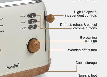 VonShef Fika 4-Slice Toaster – Cream & Wood Effect, Wide Slots, 1500W