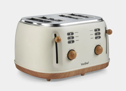 VonShef Fika 4-Slice Toaster – Cream & Wood Effect, Wide Slots, 1500W