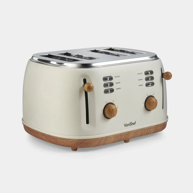 VonShef Fika 4-Slice Toaster – Cream & Wood Effect, Wide Slots, 1500W