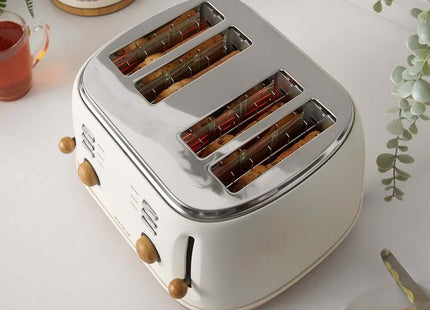 VonShef Fika 4-Slice Toaster – Cream & Wood Effect, Wide Slots, 1500W