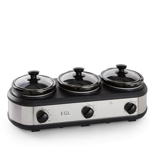 EGL Triple Slow Cooker with 3 Removable Pots – Silver, 3 × 1.5L