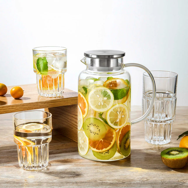 King Crystal 5 Piece Glass Pitcher & Tumbler Set, 1.8L Jug with 4 Stackable 340ml Glasses