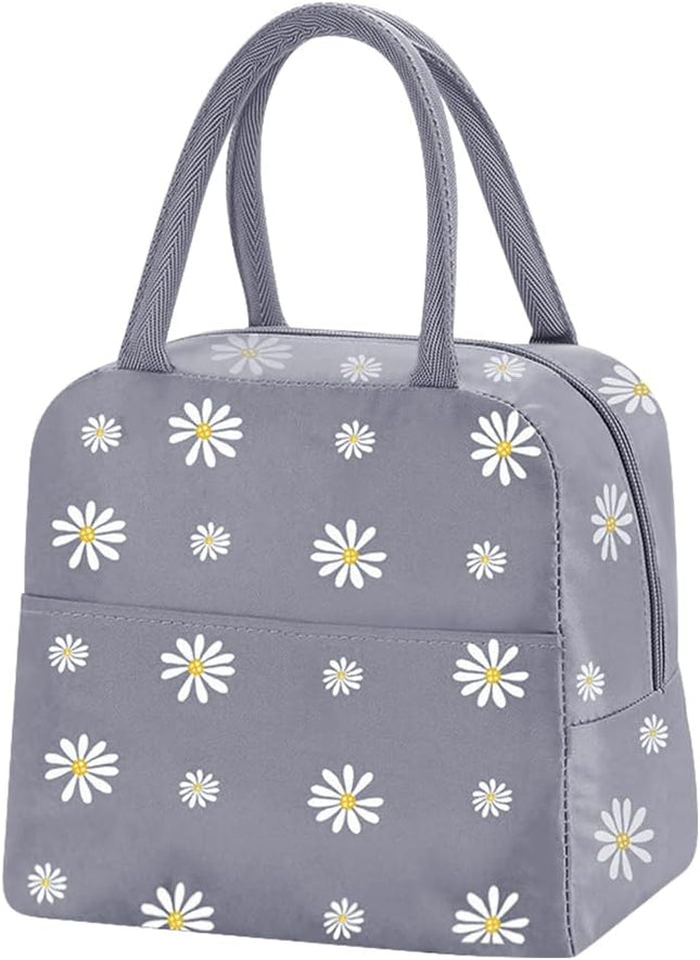 Small Insulated Lunch Bags with Reusable Foil Fabric – Gray Blue Daisy