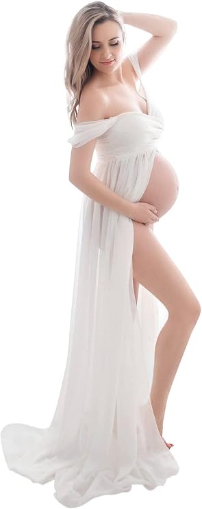 FEOYA Off-Shoulder Maternity Maxi Photoshoot Dress – White