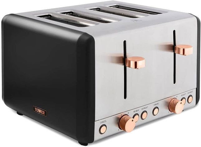 Tower Cavaletto 4-Slice Toaster – 800 W, Black and Rose Gold