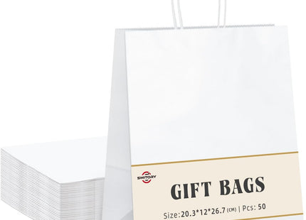 Switory White Kraft Paper Gift Bags with Handles 8 x 4.75 x 10.5" – 100 Pack