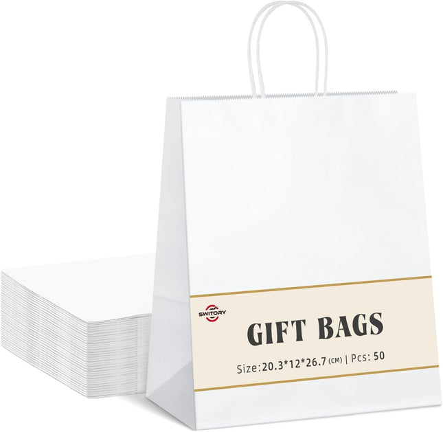 Switory White Kraft Paper Gift Bags with Handles 8 x 4.75 x 10.5" – 100 Pack