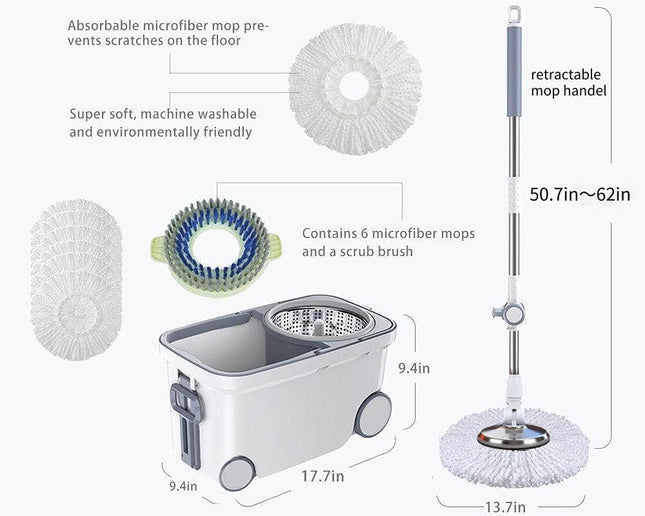 MICHAO Deluxe 360° Spin Mop & Bucket System – Stainless Steel with Mop Heads