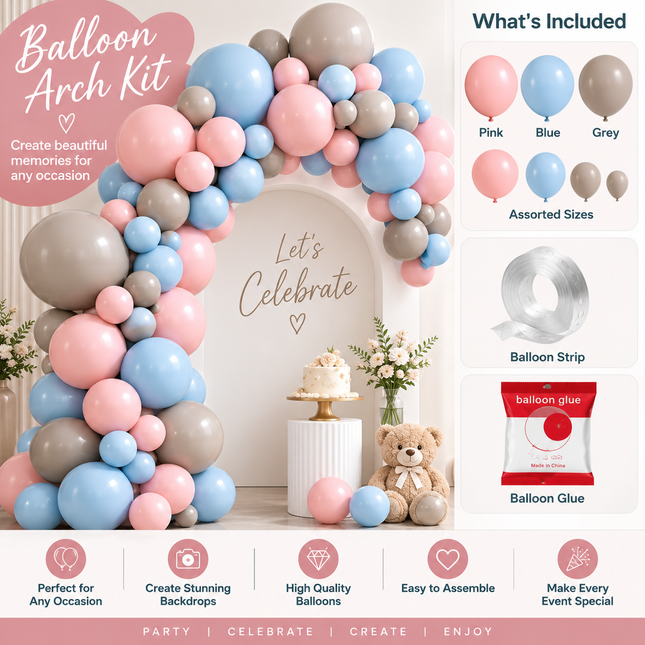 Patimate/Wayfun Balloon Arch Kit Pink Blue & Grey with Strip & Glue