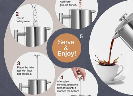 Vonshef 6 Cup Stainless Steel Cafetiere with Coffee Spoon – 800ml