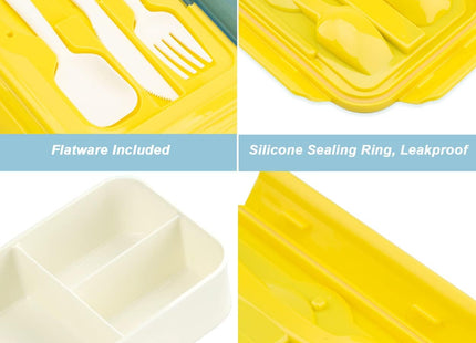 BIBURY 1.4L 3 Compartment Leakproof Bento Lunch Box – Yellow Blue