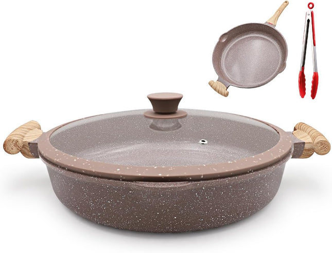 AIKENBBKK 32cm 2-in-1 Ceramic Nonstick Deep Frying Pan with Lid – Brown