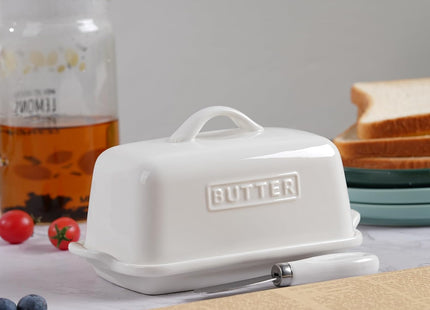 JSHKY Large Porcelain Ceramic Butter Dish for 500g British Butter – White