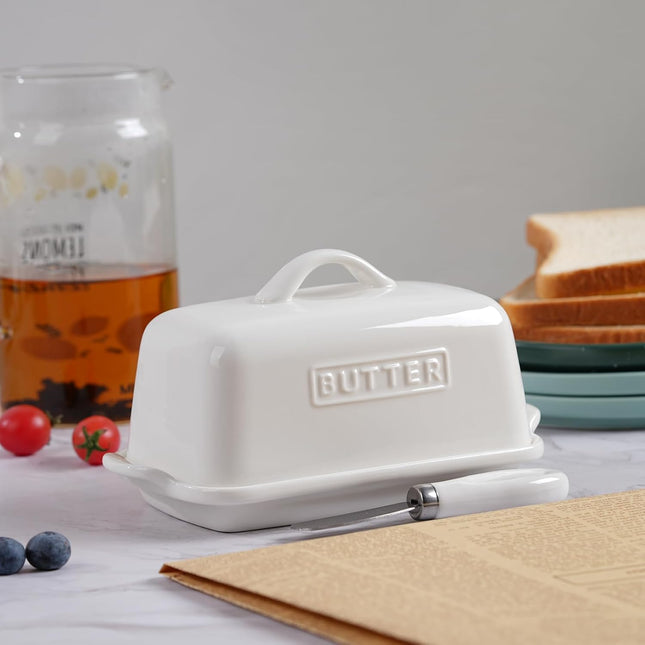 JSHKY Large Porcelain Ceramic Butter Dish for 500g British Butter – White